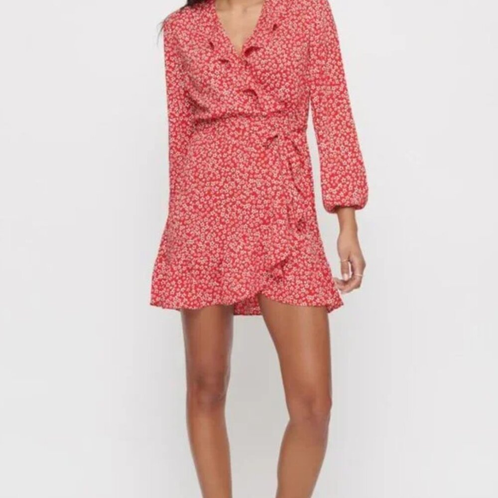 Dynamite Bright Red Floral Ruffle Wrap Long Sleeve Dress(M) - Picture 2 of 10